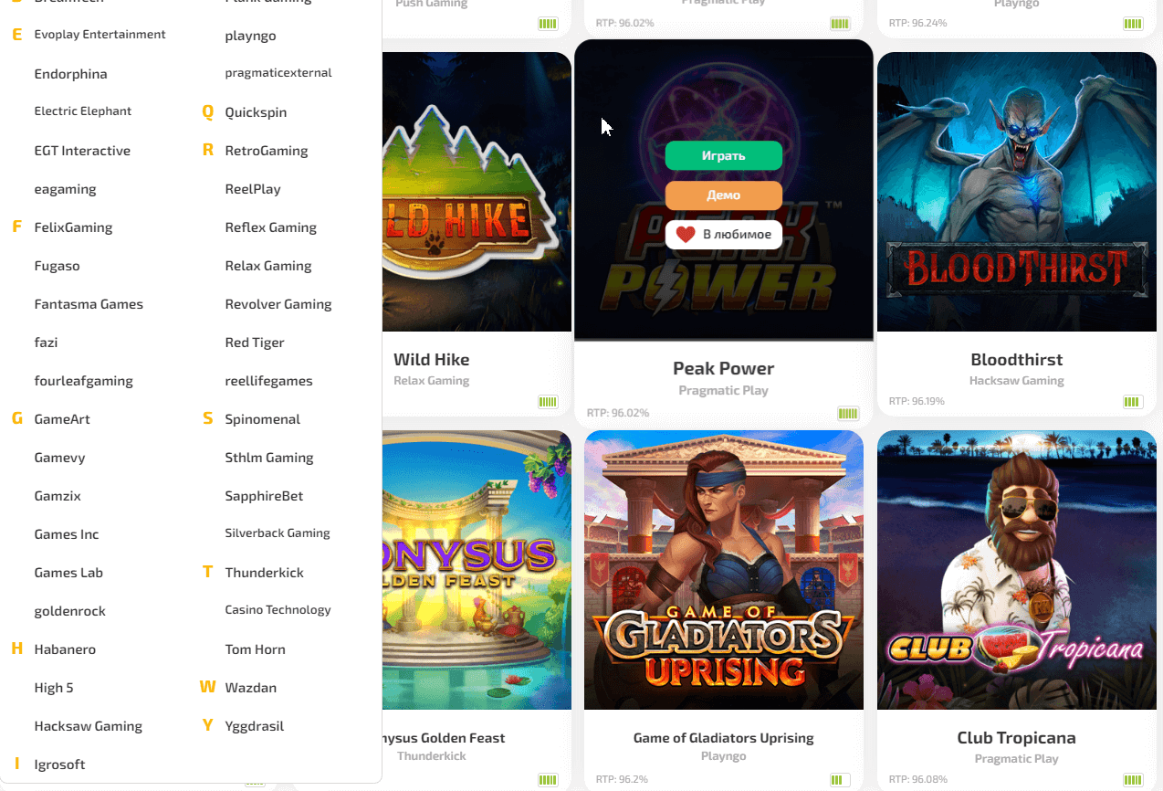 Game providers on the site